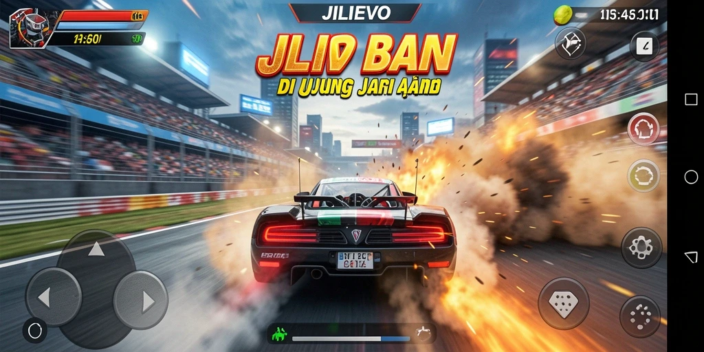 Tangkapan layar gameplay JILIEVO menampilkan balapan yang intens dengan mobil cepat.