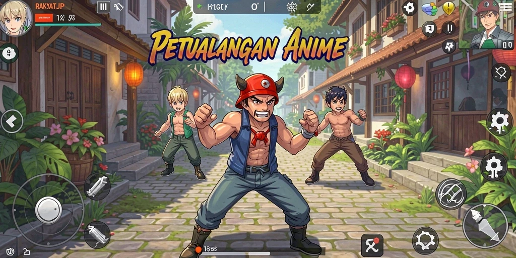 Screenshot gameplay RAKYATJP dengan karakter Anime yang dinamis dan latar belakang yang indah.