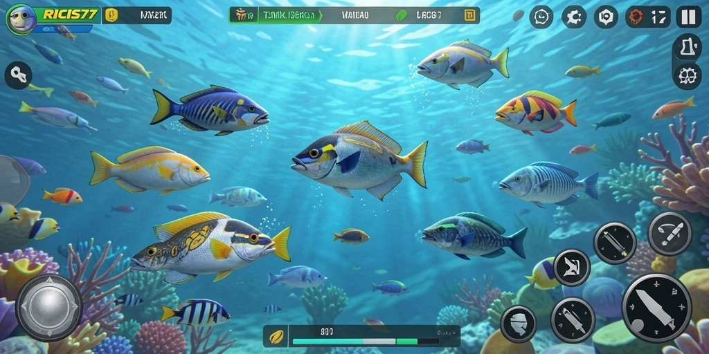 Tampilan gameplay RICIS77 yang menampilkan aksi menembak ikan yang seru.